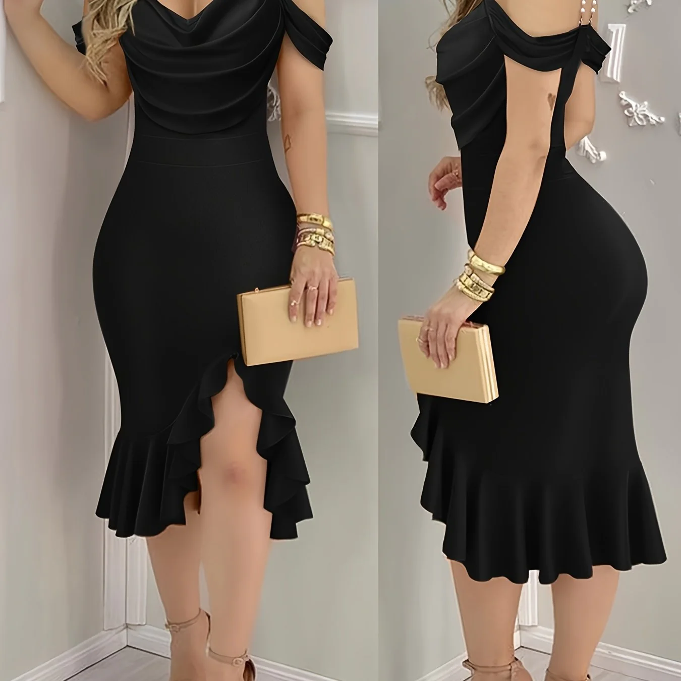 Shoulder Pearls Strap Bodycon Dress Cowl Neck Ruffle Hem Party Dresses - Image 14