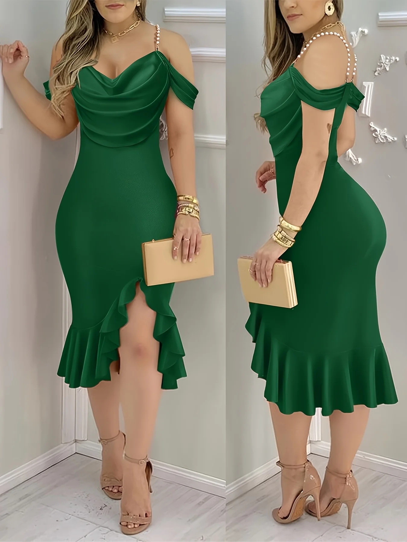 Shoulder Pearls Strap Bodycon Dress Cowl Neck Ruffle Hem Party Dresses - Image 2