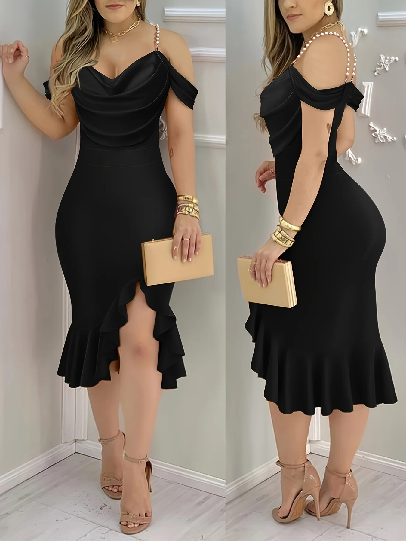 Shoulder Pearls Strap Bodycon Dress Cowl Neck Ruffle Hem Party Dresses - Image 4