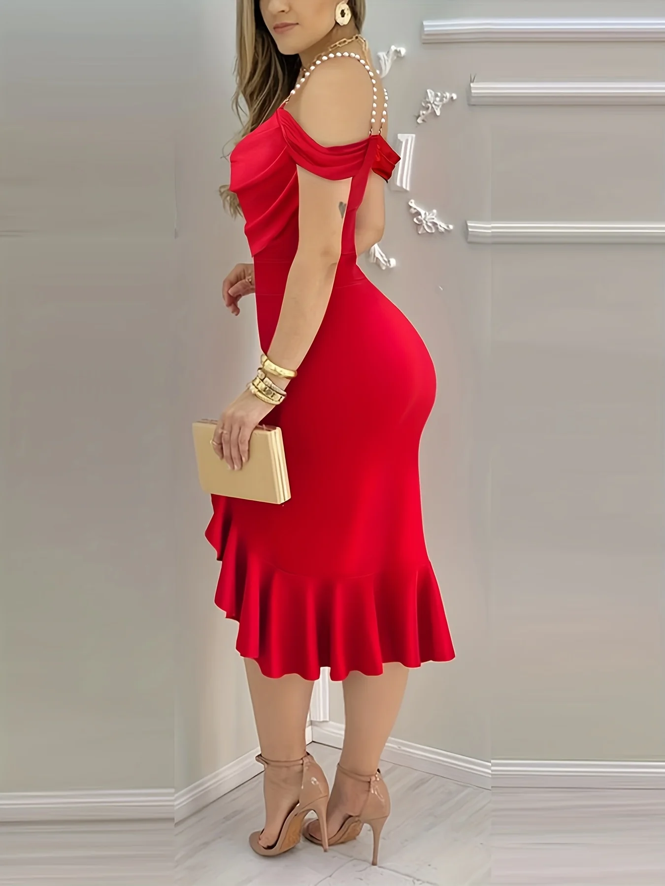 Shoulder Pearls Strap Bodycon Dress Cowl Neck Ruffle Hem Party Dresses - Image 9