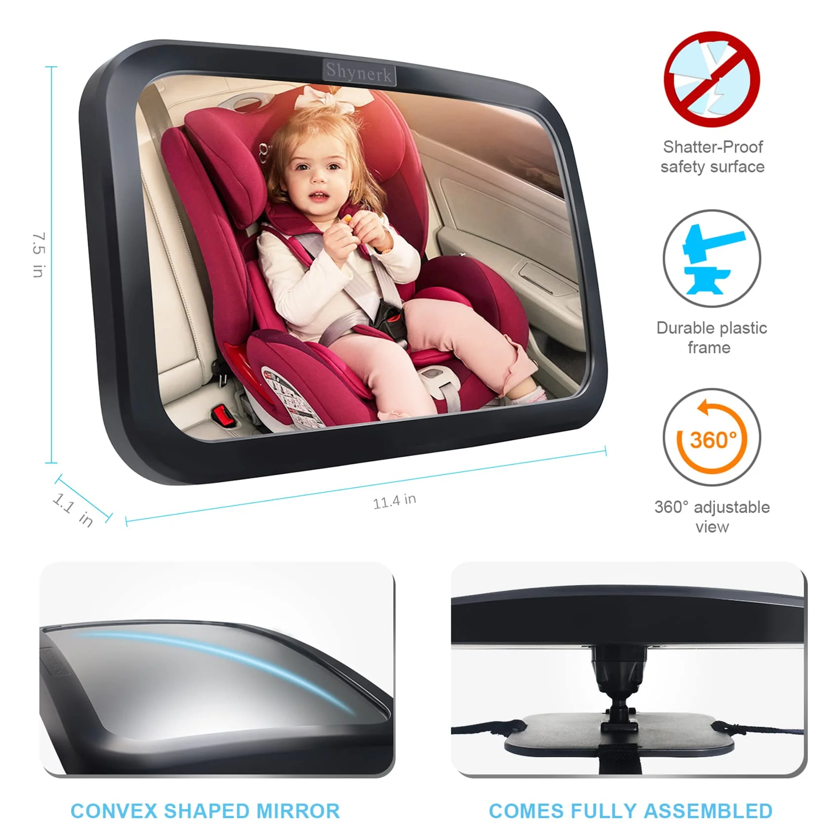 Shynerk Baby Car Mirror, Safety Car Seat Mirror for Rear Facing Infant with Wide Crystal Clear View, Shatterproof, Fully Assembled, Crash Tested and Certified - Image 4