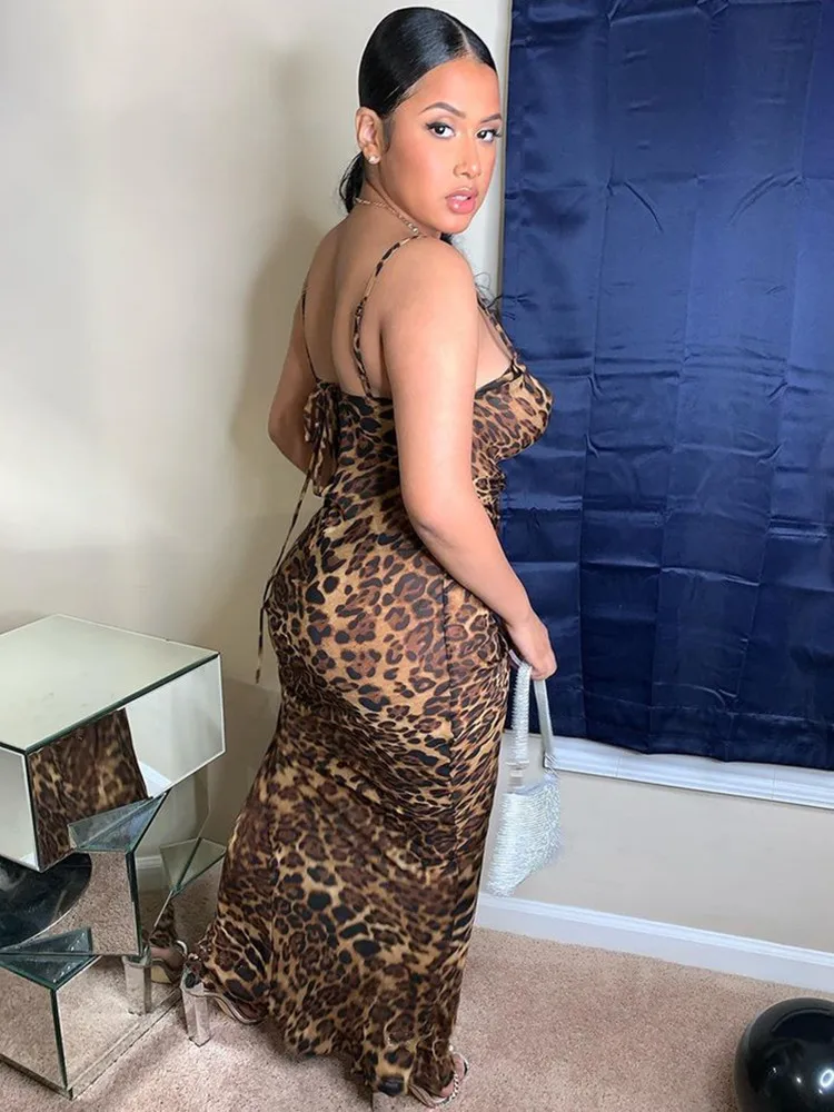 Sibybo Chiffon See Through Sexy Backless Party Dress Summer Women Leopard Print Long Dresses Elegant V Neck Beach Vestidos 2022 - Image 3