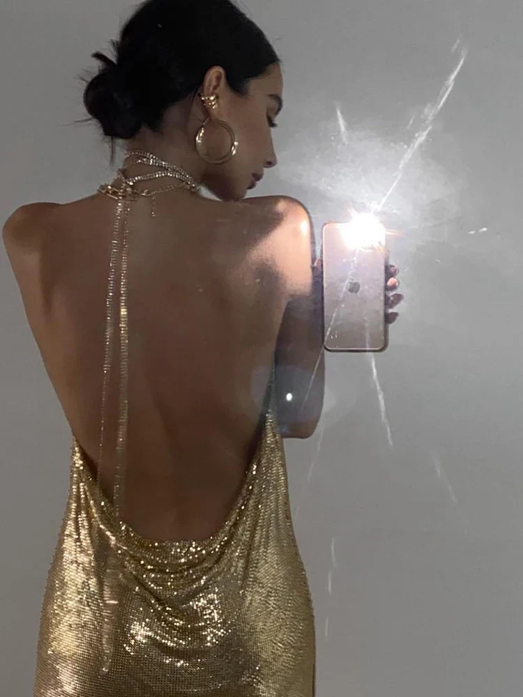 Sibybo Gold Sequins Diamonds Sexy Night Party Dress Women Sleeveless Halter Backless Mini Dresses Femme Clubwear V-Neck Vestidos - Image 3