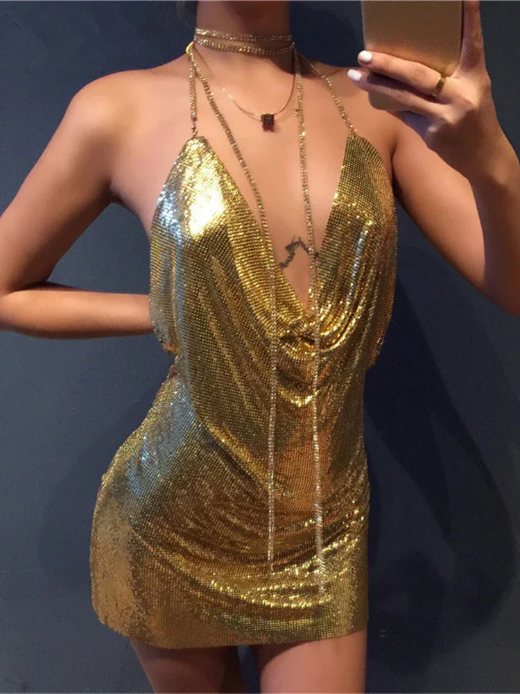 Sibybo Gold Sequins Diamonds Sexy Night Party Dress Women Sleeveless Halter Backless Mini Dresses Femme Clubwear V-Neck Vestidos - Image 5