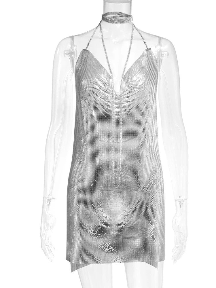 Sibybo Gold Sequins Diamonds Sexy Night Party Dress Women Sleeveless Halter Backless Mini Dresses Femme Clubwear V-Neck Vestidos - Image 6