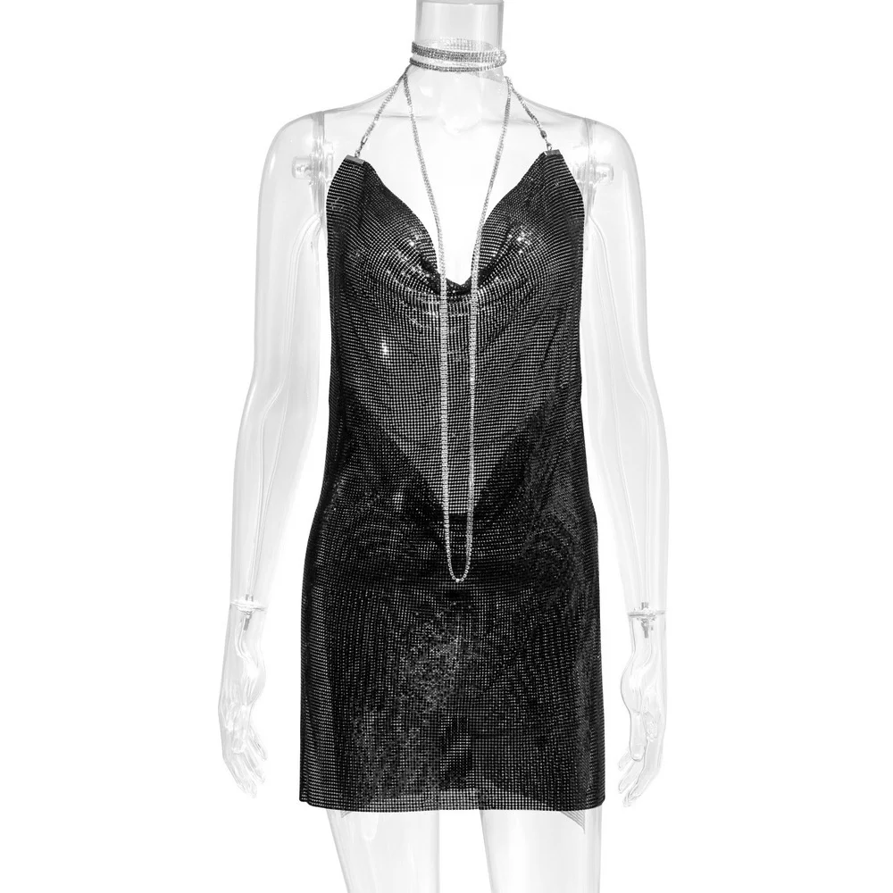Sibybo Gold Sequins Diamonds Sexy Night Party Dress Women Sleeveless Halter Backless Mini Dresses Femme Clubwear V-Neck Vestidos - Image 7
