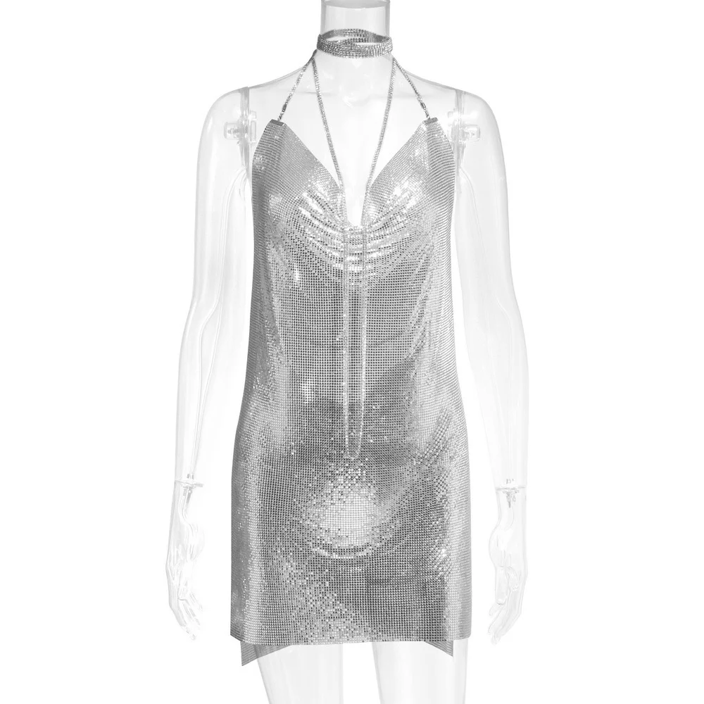 Sibybo Gold Sequins Diamonds Sexy Night Party Dress Women Sleeveless Halter Backless Mini Dresses Femme Clubwear V-Neck Vestidos - Image 8