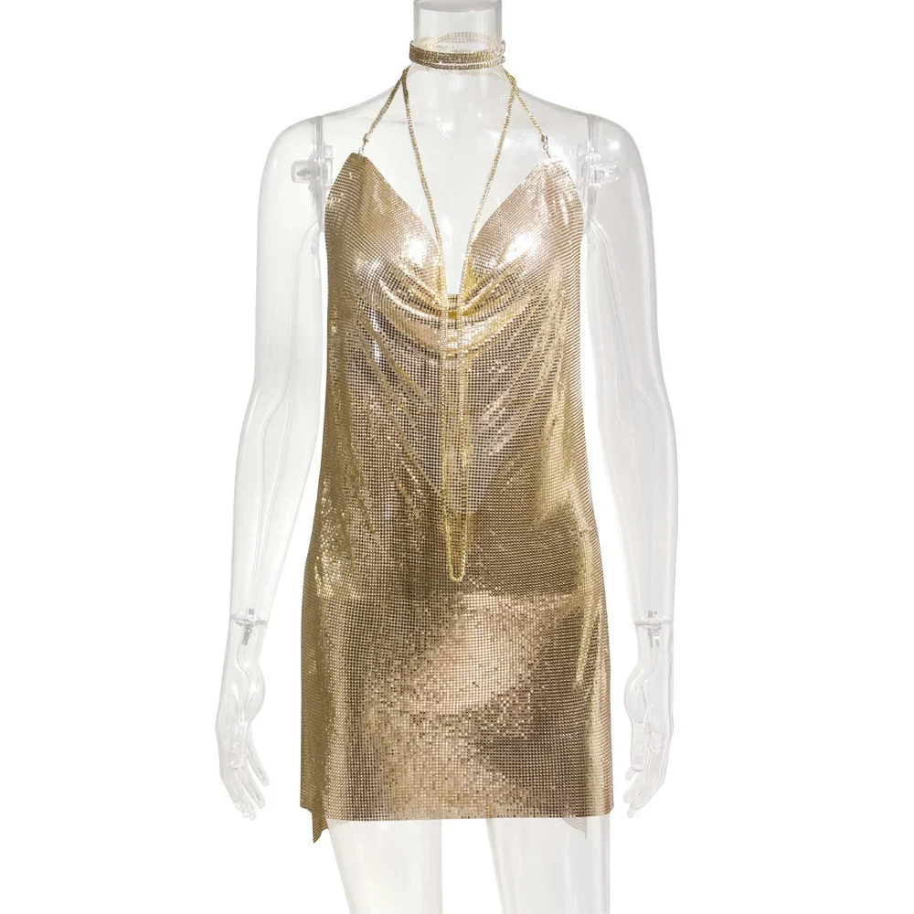 Sibybo Gold Sequins Diamonds Sexy Night Party Dress Women Sleeveless Halter Backless Mini Dresses Femme Clubwear V-Neck Vestidos - Image 9