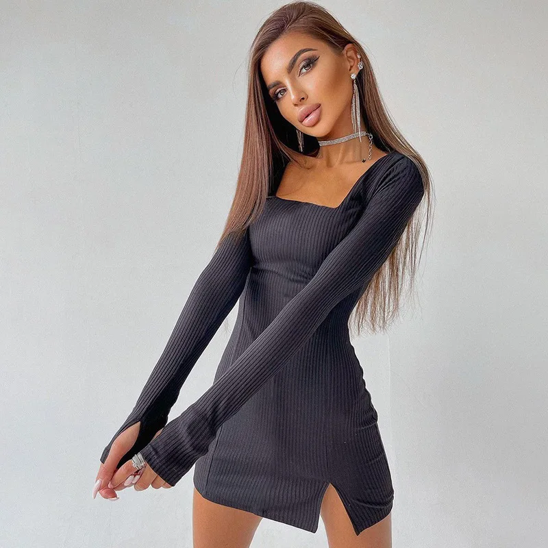 Sibybo Green Knitted Long Sleeve Autumn Dress For Women Square Neck Slim Bodycon Mini Dresses Femme Club Party Outfits Clothes - Image 2