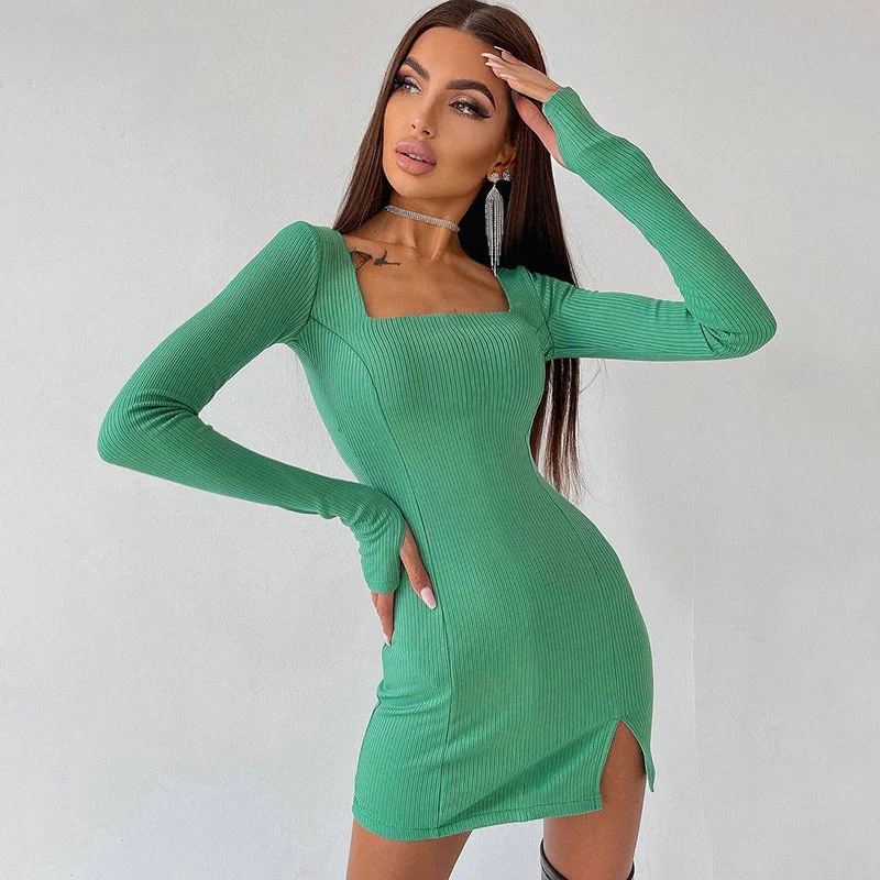 Sibybo Green Knitted Long Sleeve Autumn Dress For Women Square Neck Slim Bodycon Mini Dresses Femme Club Party Outfits Clothes - Image 3