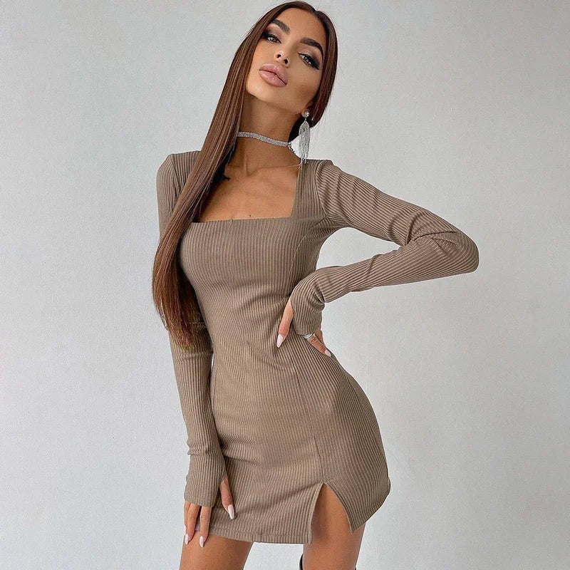 Sibybo Green Knitted Long Sleeve Autumn Dress For Women Square Neck Slim Bodycon Mini Dresses Femme Club Party Outfits Clothes - Image 4