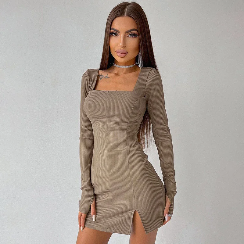Sibybo Green Knitted Long Sleeve Autumn Dress For Women Square Neck Slim Bodycon Mini Dresses Femme Club Party Outfits Clothes - Image 5