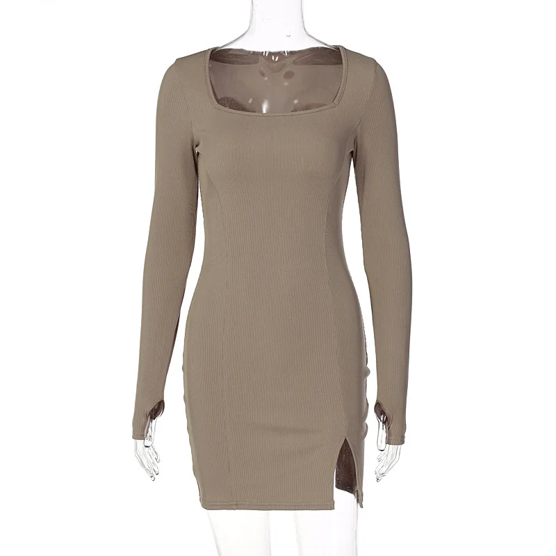 Sibybo Green Knitted Long Sleeve Autumn Dress For Women Square Neck Slim Bodycon Mini Dresses Femme Club Party Outfits Clothes - Image 6