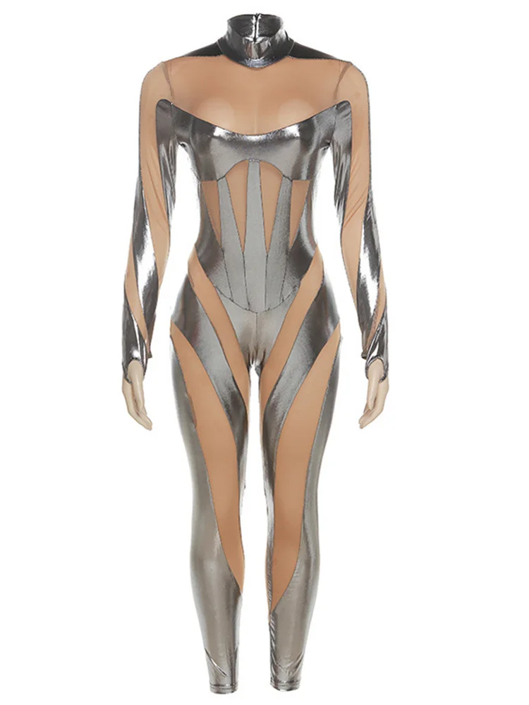 Sibybo Sexy Mesh Transparent Zipper Patchwork Slim Fit Women Jumpsuit High Waist Skinny Sporty Casual Night Club Summer 2023 - Image 6