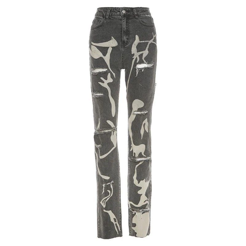 Sifreyr Fashion Cotton Hole Jeans Women Y2K Stacked Pants Casual Chic Print Ripped Denim Skinny Trousers Gray Elastic Slim Jeans - Image 2