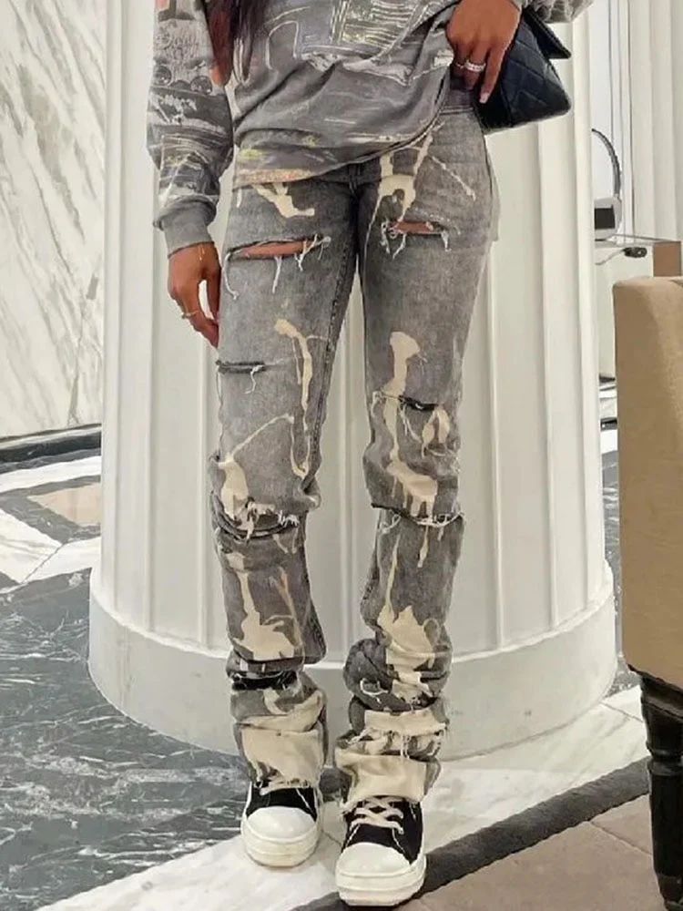 Sifreyr Fashion Cotton Hole Jeans Women Y2K Stacked Pants Casual Chic Print Ripped Denim Skinny Trousers Gray Elastic Slim Jeans - Image 4