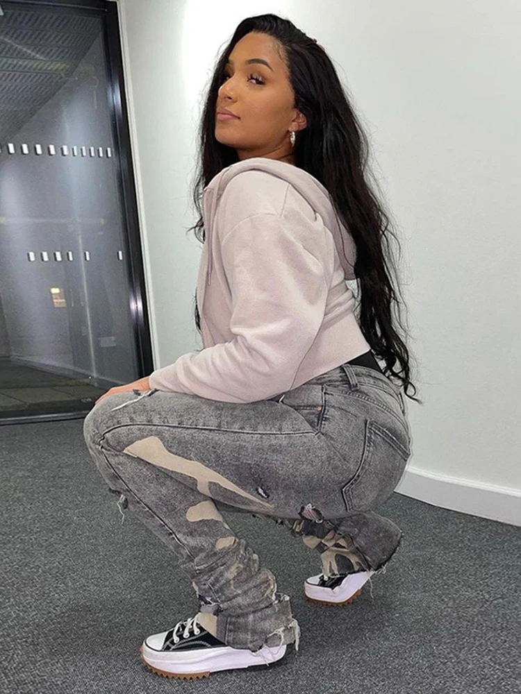Sifreyr Fashion Cotton Hole Jeans Women Y2K Stacked Pants Casual Chic Print Ripped Denim Skinny Trousers Gray Elastic Slim Jeans - Image 5