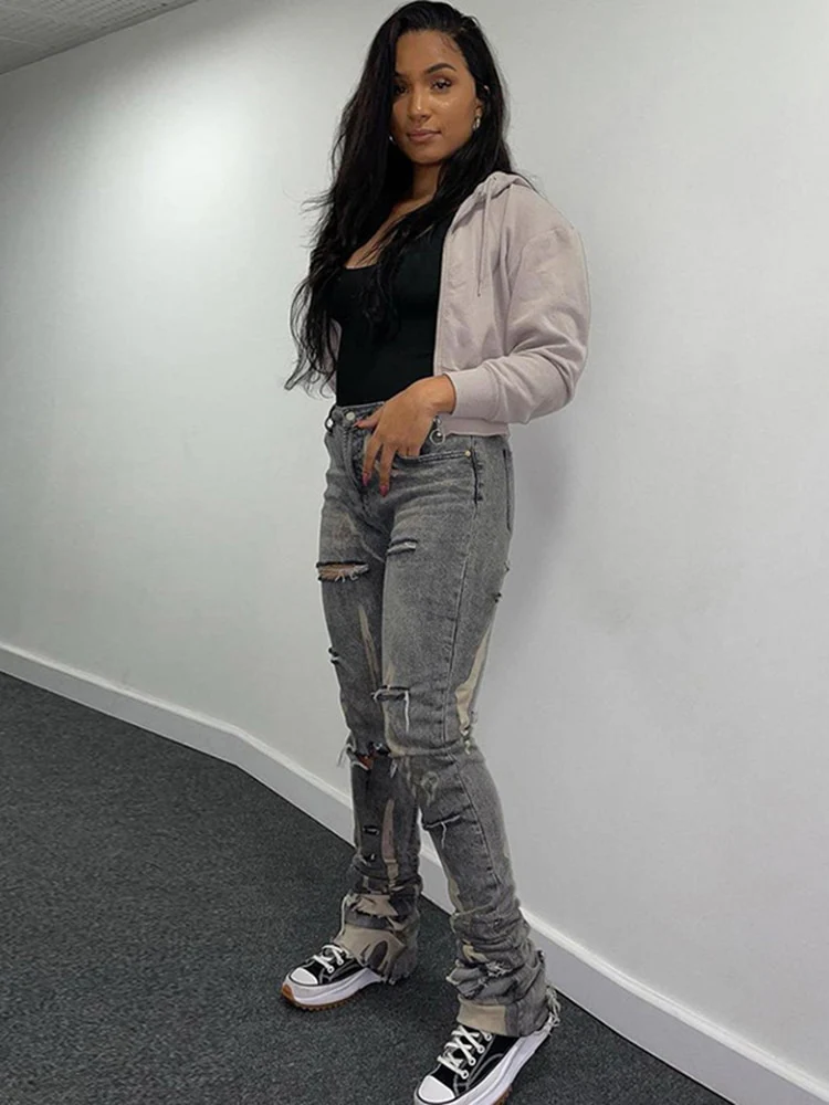 Sifreyr Fashion Cotton Hole Jeans Women Y2K Stacked Pants Casual Chic Print Ripped Denim Skinny Trousers Gray Elastic Slim Jeans - Image 7