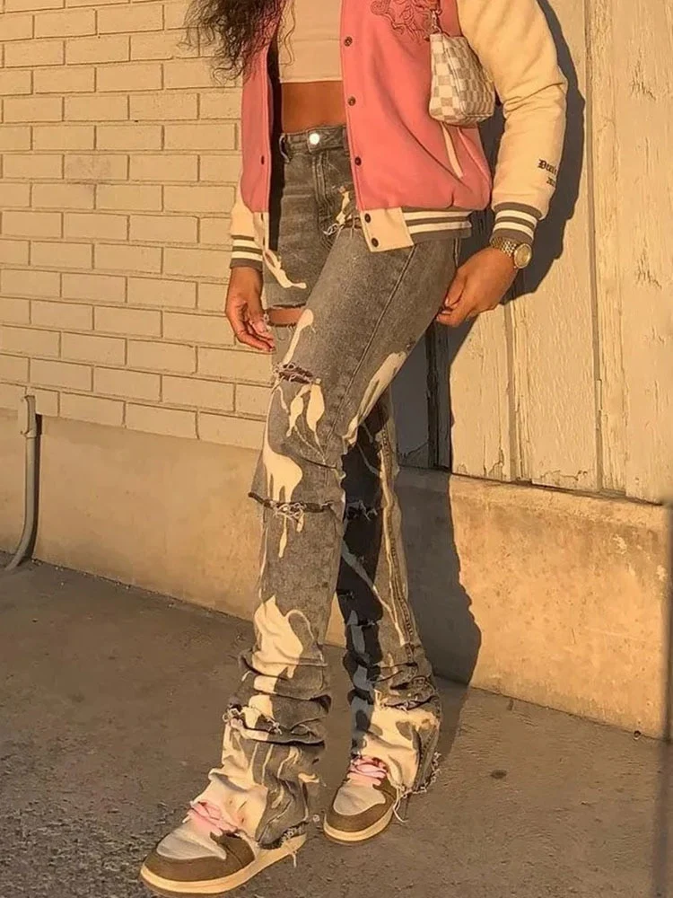 Sifreyr Fashion Cotton Hole Jeans Women Y2K Stacked Pants Casual Chic Print Ripped Denim Skinny Trousers Gray Elastic Slim Jeans - Image 8