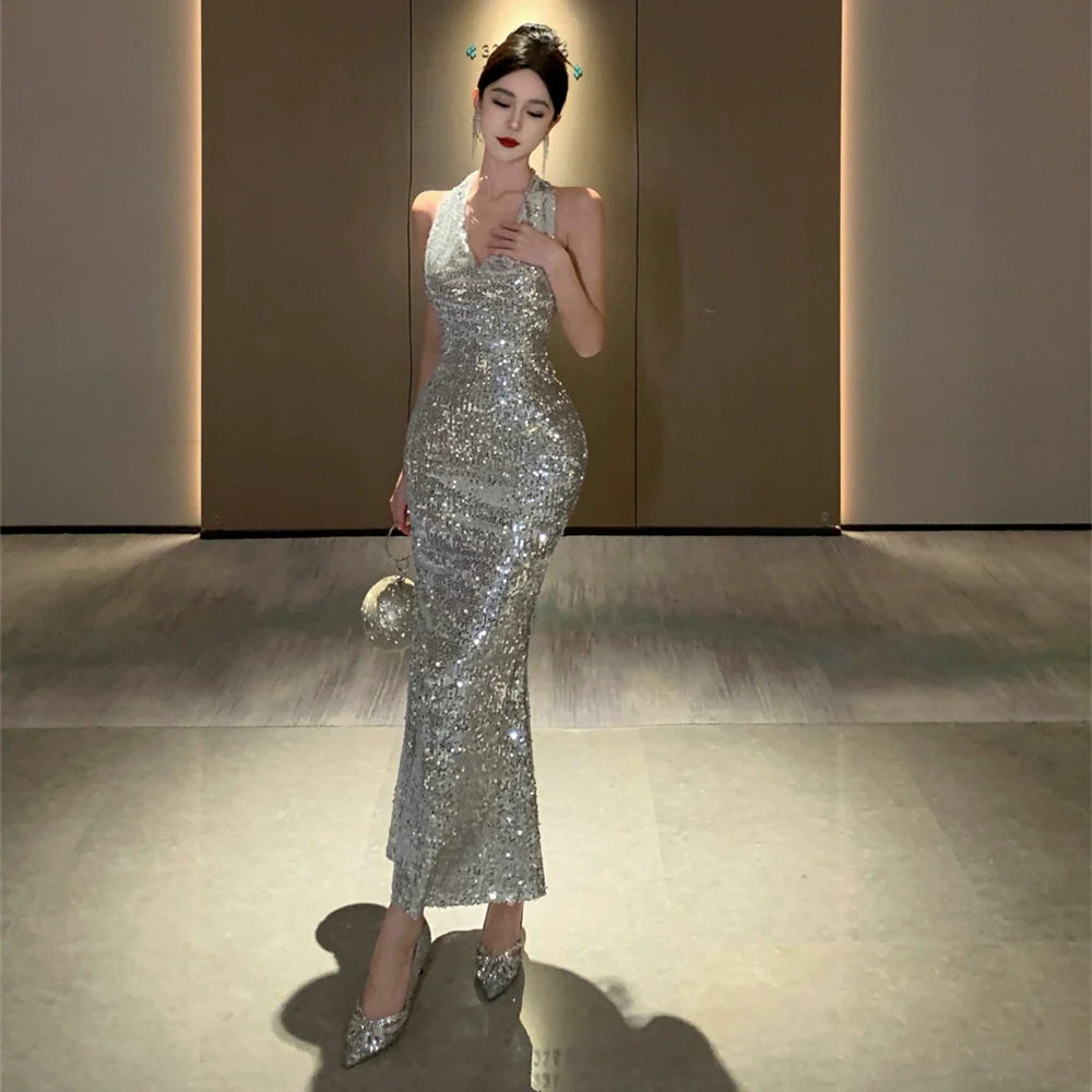 Silver Evening Gown Bride Dress Slim Looking Sequin - Image 3