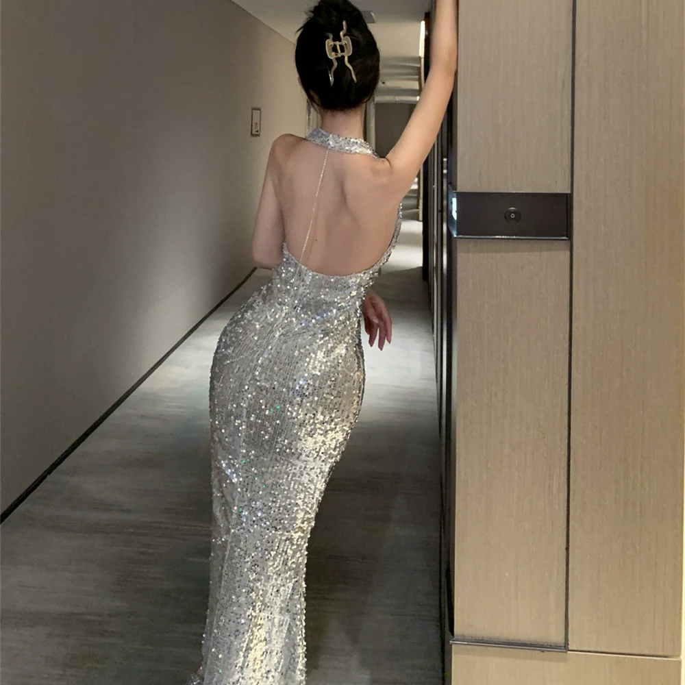 Silver Evening Gown Bride Dress Slim Looking Sequin - Image 4