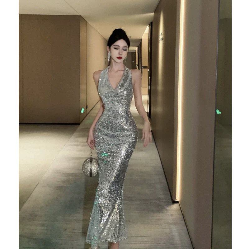 Silver Evening Gown Bride Dress Slim Looking Sequin - Image 7