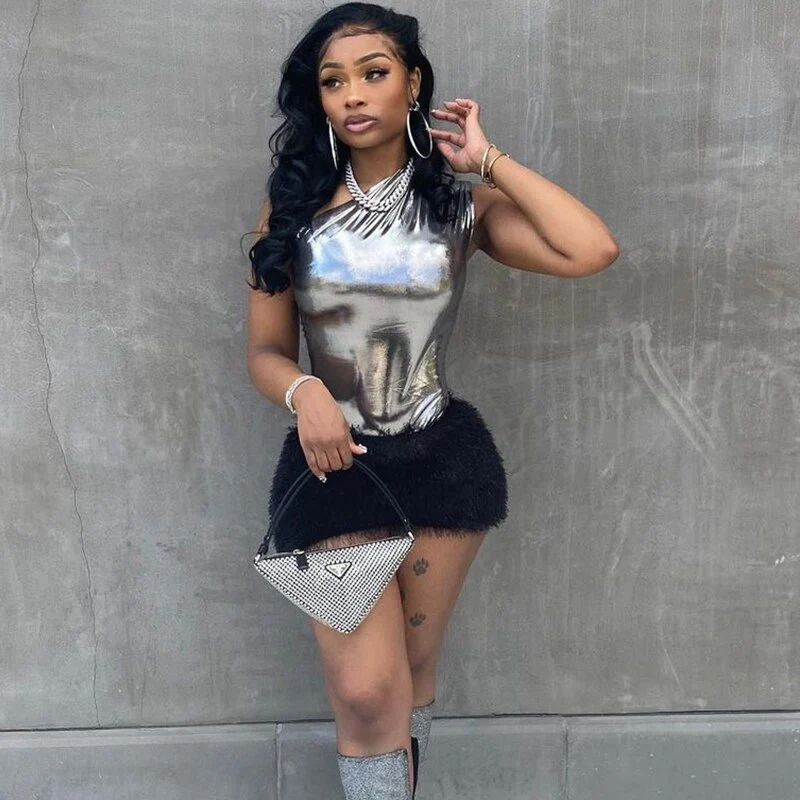 Silver Metallic One Shoulder Bodycon Mini Dress Women Glitter Elegant Short Sexy Club Party Dress 2023 Night Clubwear Dress - Image 12