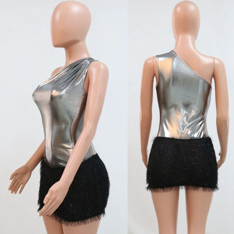 Silver Metallic One Shoulder Bodycon Mini Dress Women Glitter Elegant Short Sexy Club Party Dress 2023 Night Clubwear Dress - Image 2