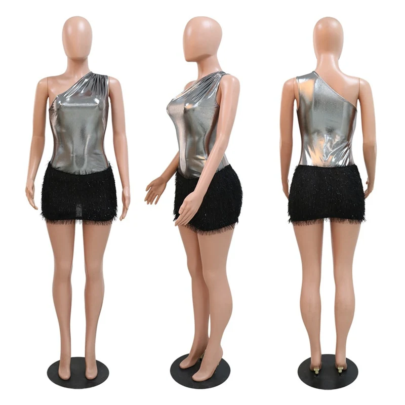 Silver Metallic One Shoulder Bodycon Mini Dress Women Glitter Elegant Short Sexy Club Party Dress 2023 Night Clubwear Dress - Image 8