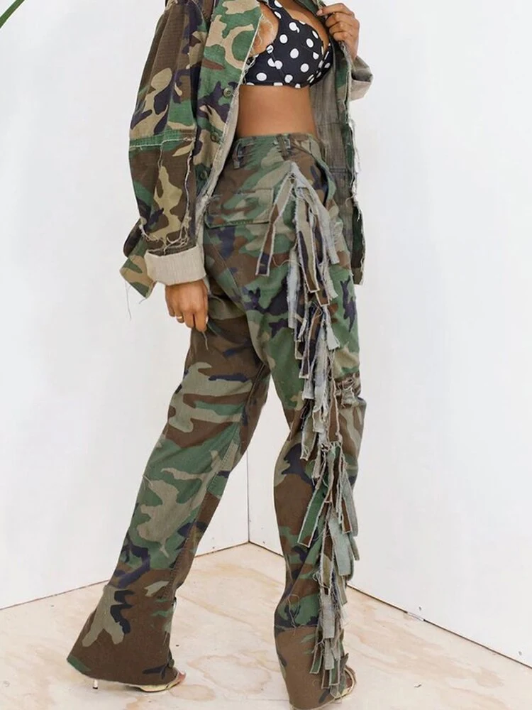 Simenual Tassel Patchwork Halloween Camouflage Pants Women Fall Hipster Pockets Buttons Casual Bottoms Fashion Streetwear Female - Image 4