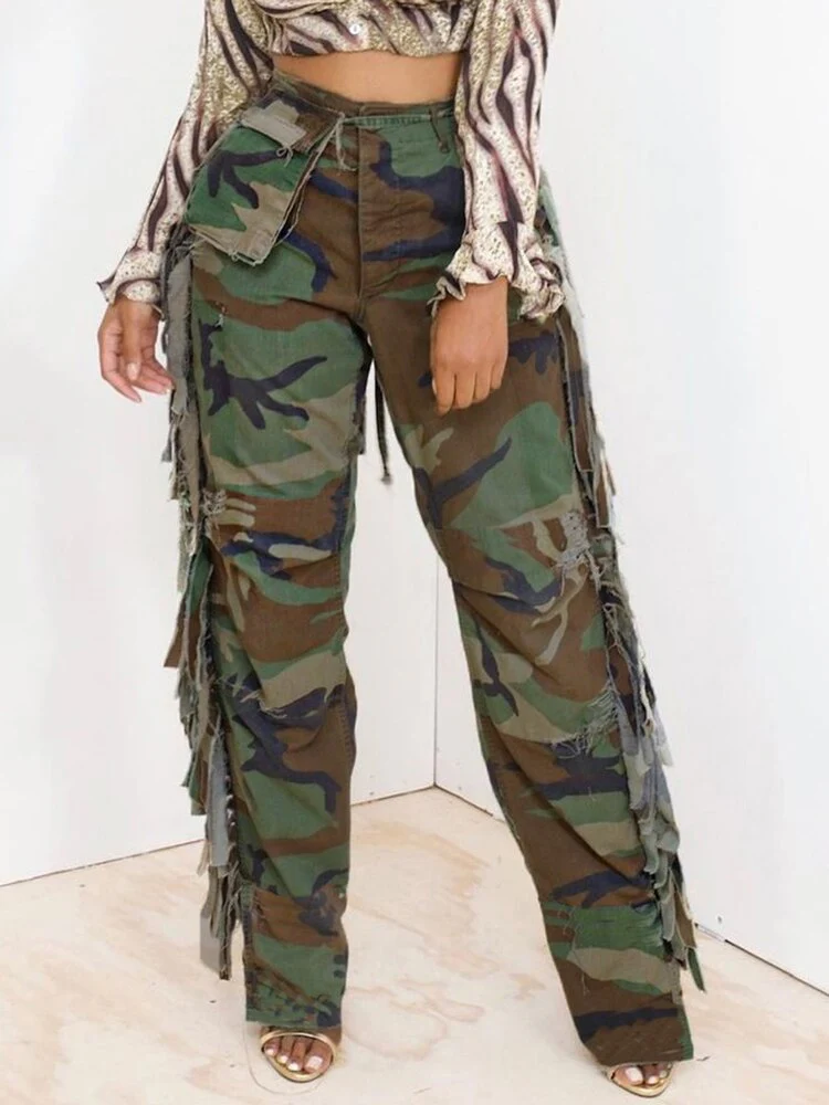 Simenual Tassel Patchwork Halloween Camouflage Pants Women Fall Hipster Pockets Buttons Casual Bottoms Fashion Streetwear Female - Image 7
