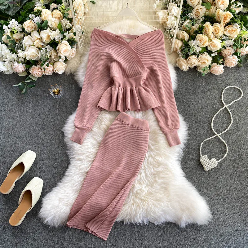 SINGRAIN Autumn Women Shiny Knitting Skirts Sets Lurex Ruffles Long Sleeves Wool Warm Sweater knitted Two Pieces Set Women - Image 10