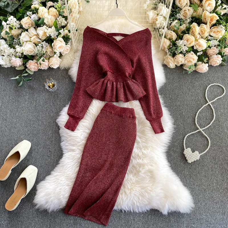 SINGRAIN Autumn Women Shiny Knitting Skirts Sets Lurex Ruffles Long Sleeves Wool Warm Sweater knitted Two Pieces Set Women - Image 11