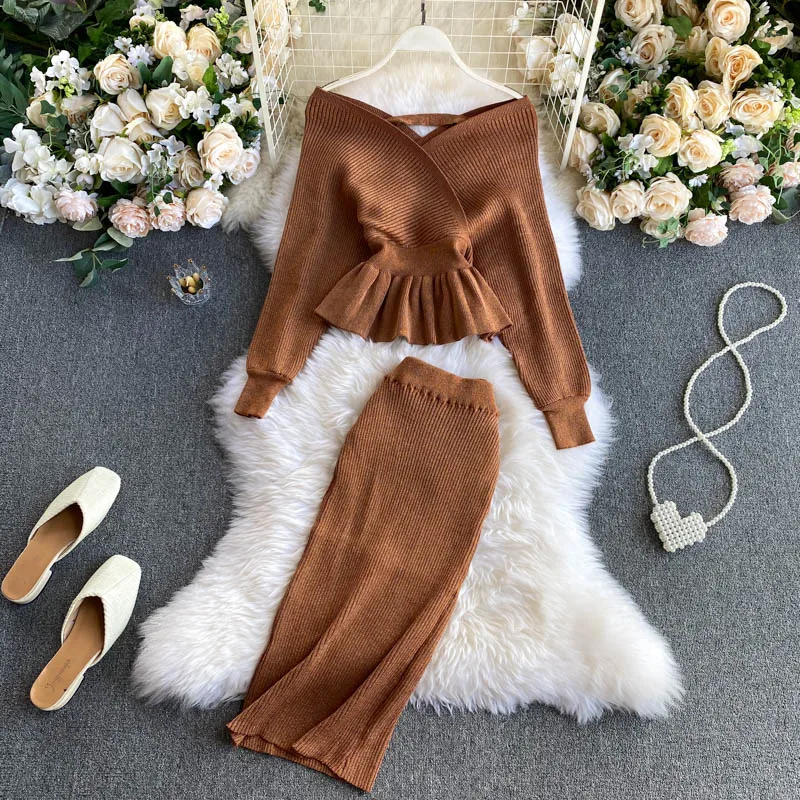 SINGRAIN Autumn Women Shiny Knitting Skirts Sets Lurex Ruffles Long Sleeves Wool Warm Sweater knitted Two Pieces Set Women - Image 13