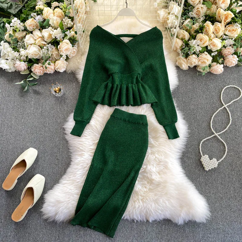 SINGRAIN Autumn Women Shiny Knitting Skirts Sets Lurex Ruffles Long Sleeves Wool Warm Sweater knitted Two Pieces Set Women - Image 2