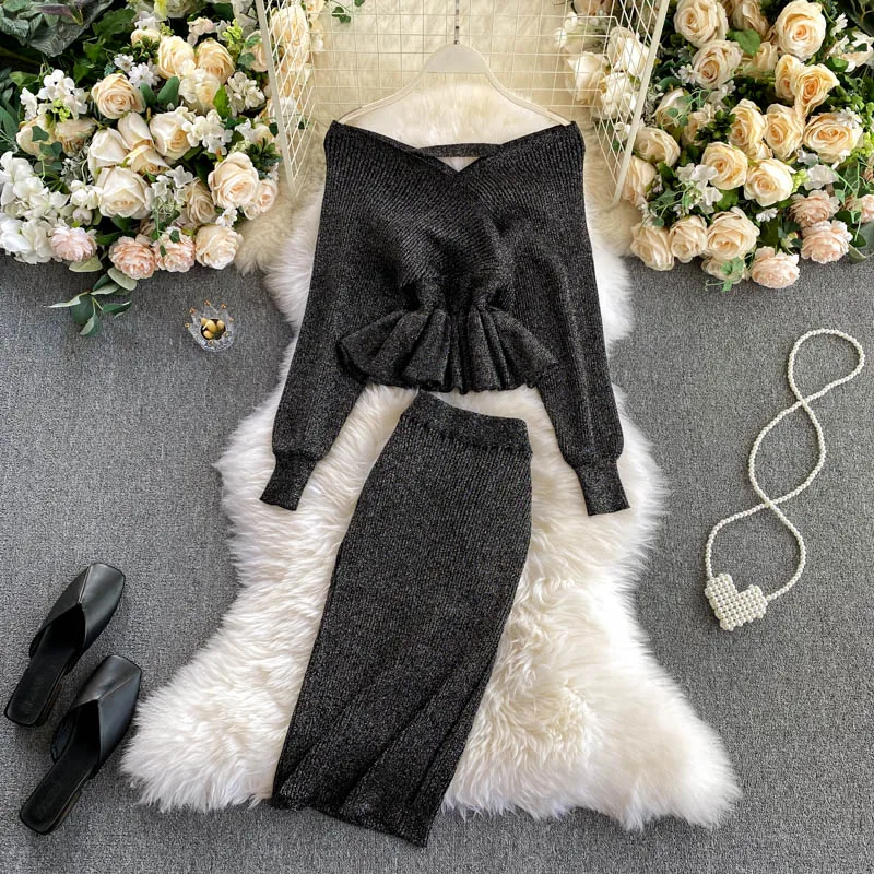 SINGRAIN Autumn Women Shiny Knitting Skirts Sets Lurex Ruffles Long Sleeves Wool Warm Sweater knitted Two Pieces Set Women - Image 8