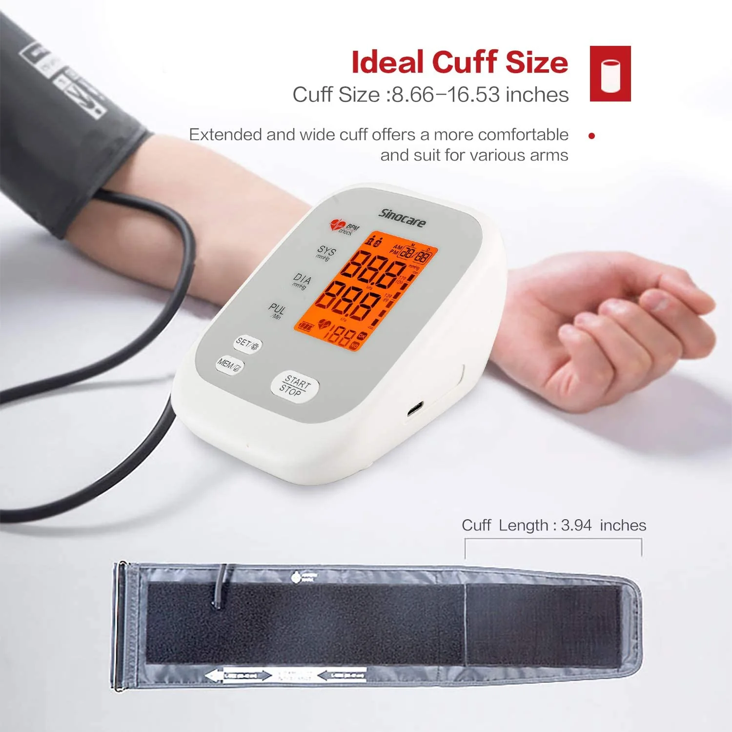 Sinocare Blood Pressure Monitor Upper Arm Tensiometer Automatic Digital BP Machine Sphygmomanometer Heart Rate Pulse 2x90 Memory - Image 4