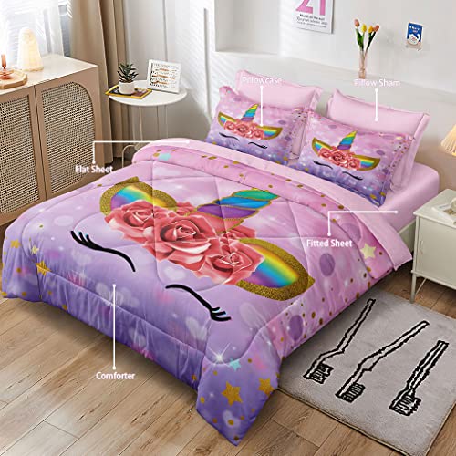 SIRDO Twin Bedding Sets for Girls Purple Pink Unicorn Bed Comforter Sets with Sheets 5 Pieces Kid Girl Bed in a Bag Soft Princess Bedding Cute Bed Set Washable - Image 6