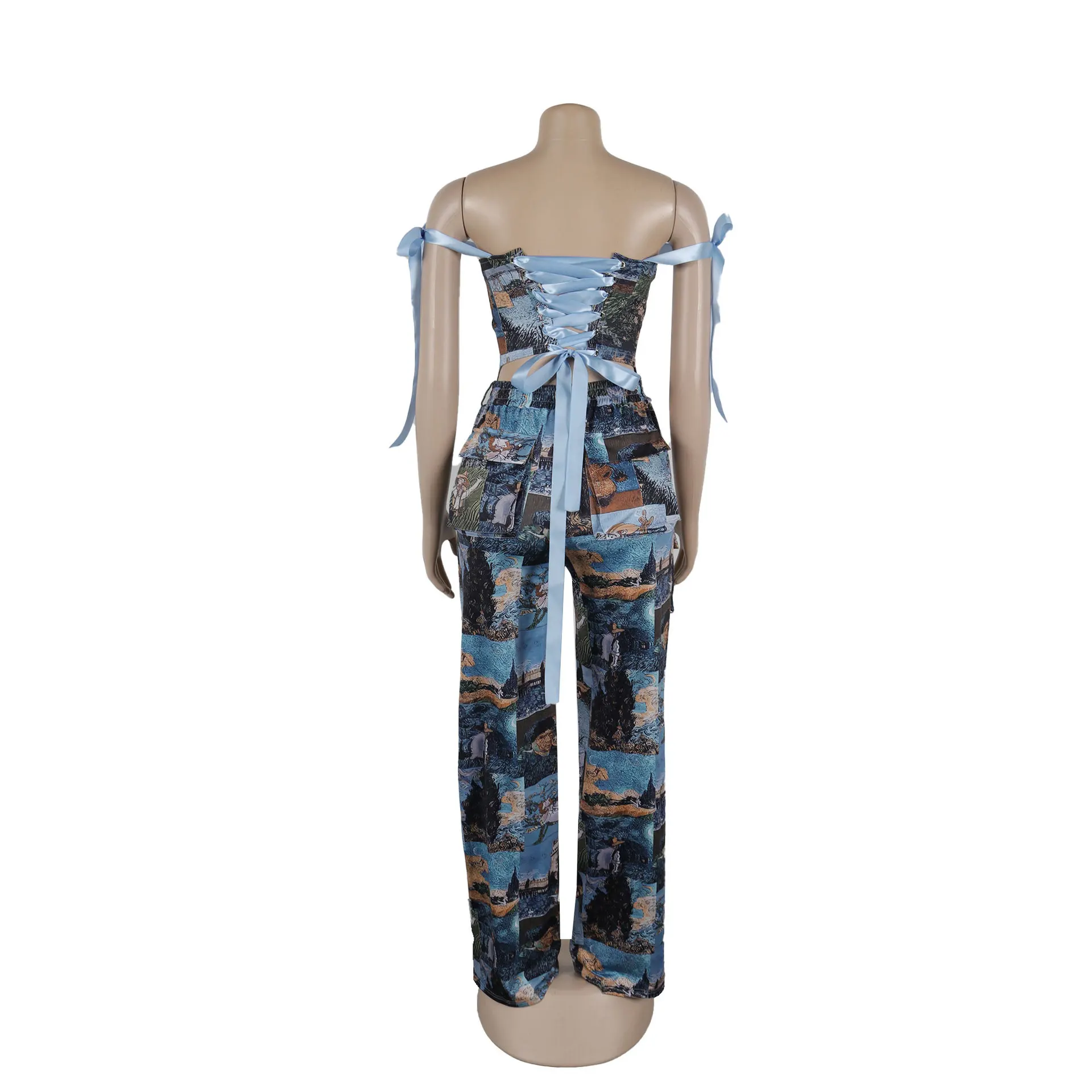 Sister Star Women's Oil Painting Ink Splash Printing Drawstring Tie Lace Multi-Pocket Loose Skinny Straight Pants Two Piece Set - Image 7