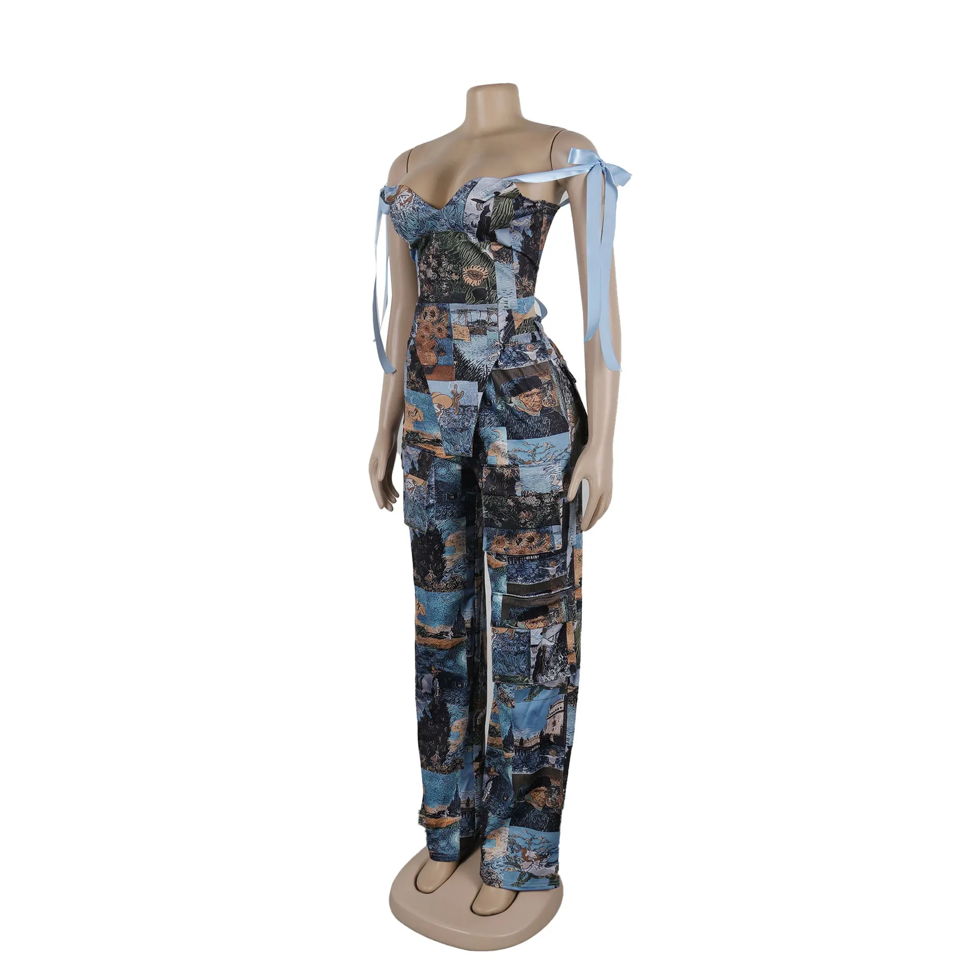 Sister Star Women's Oil Painting Ink Splash Printing Drawstring Tie Lace Multi-Pocket Loose Skinny Straight Pants Two Piece Set - Image 8