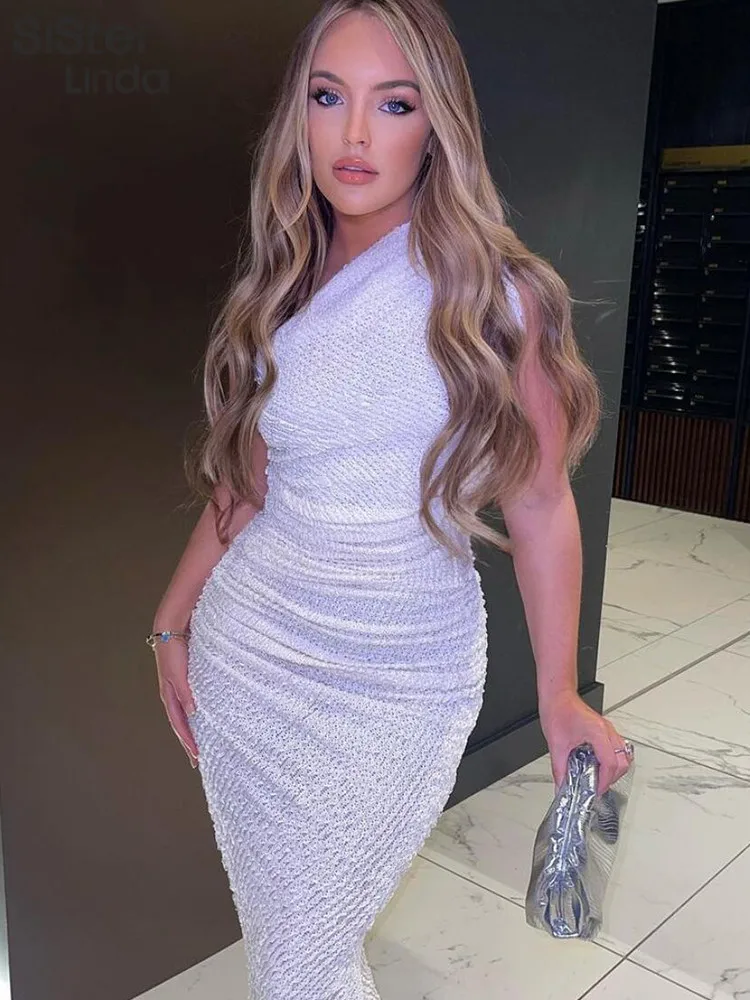 Sisterlinda Elegant Concise Irregular Midi Dress Women Sleeveless Off Shoulder Chic Trend Skinny Robe Female Party Clothing 2023 - Image 4