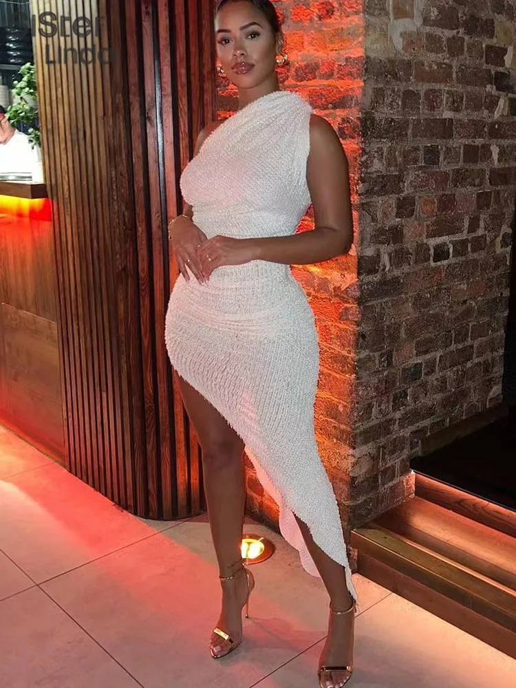 Sisterlinda Elegant Concise Irregular Midi Dress Women Sleeveless Off Shoulder Chic Trend Skinny Robe Female Party Clothing 2023 - Image 5