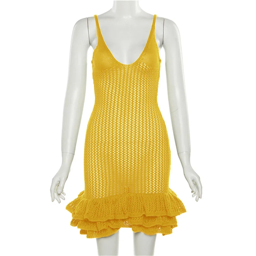 Sisterlinda Knitted Stacked Mini Dress Women Summer Sleeveless Deep V-Neck Spaghetti Strap Concise Female Bodycon Robe Clubwear - Image 5