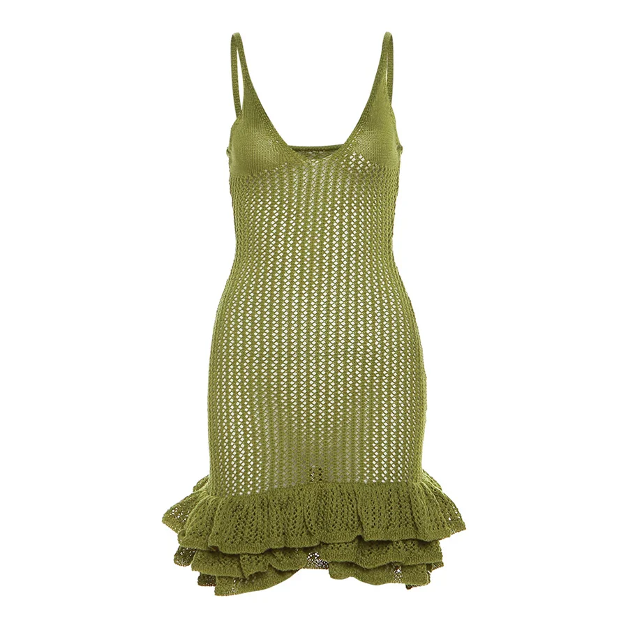 Sisterlinda Knitted Stacked Mini Dress Women Summer Sleeveless Deep V-Neck Spaghetti Strap Concise Female Bodycon Robe Clubwear - Image 6