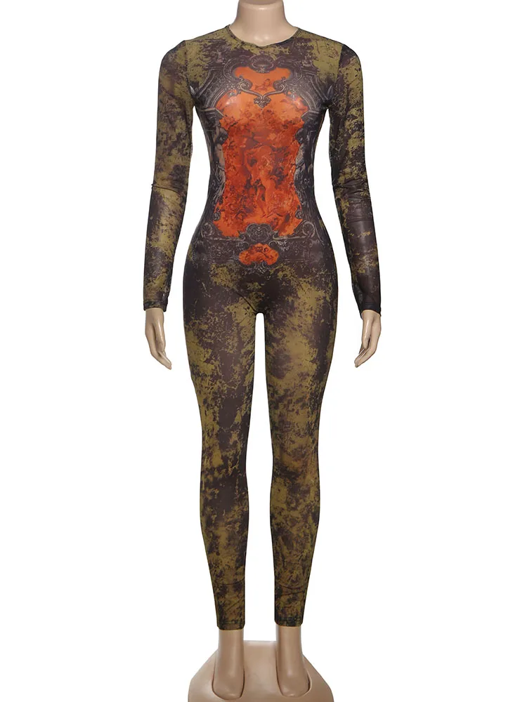 Sisterlinda Printing Slim O-Neck Long Sleeve Jumpsuit Women Sexy Popular Body-shaping Vestidos Girl Party Leisure Pencil Pants - Image 15