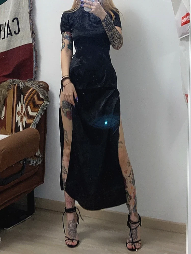 Sisterlinda Soft Satin Traditional Chinese Mid-Calf Dresses Women Black Embroidery Elegant Split Long Qipao Club Party Gown Robe - Image 3