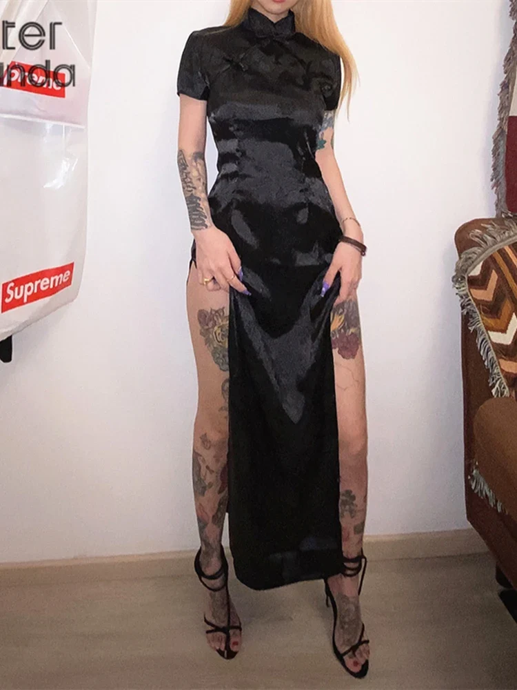 Sisterlinda Soft Satin Traditional Chinese Mid-Calf Dresses Women Black Embroidery Elegant Split Long Qipao Club Party Gown Robe - Image 4