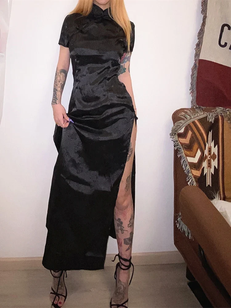 Sisterlinda Soft Satin Traditional Chinese Mid-Calf Dresses Women Black Embroidery Elegant Split Long Qipao Club Party Gown Robe - Image 5