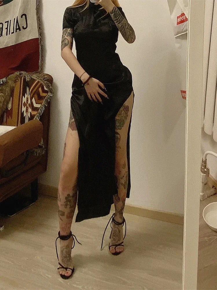 Sisterlinda Soft Satin Traditional Chinese Mid-Calf Dresses Women Black Embroidery Elegant Split Long Qipao Club Party Gown Robe - Image 6