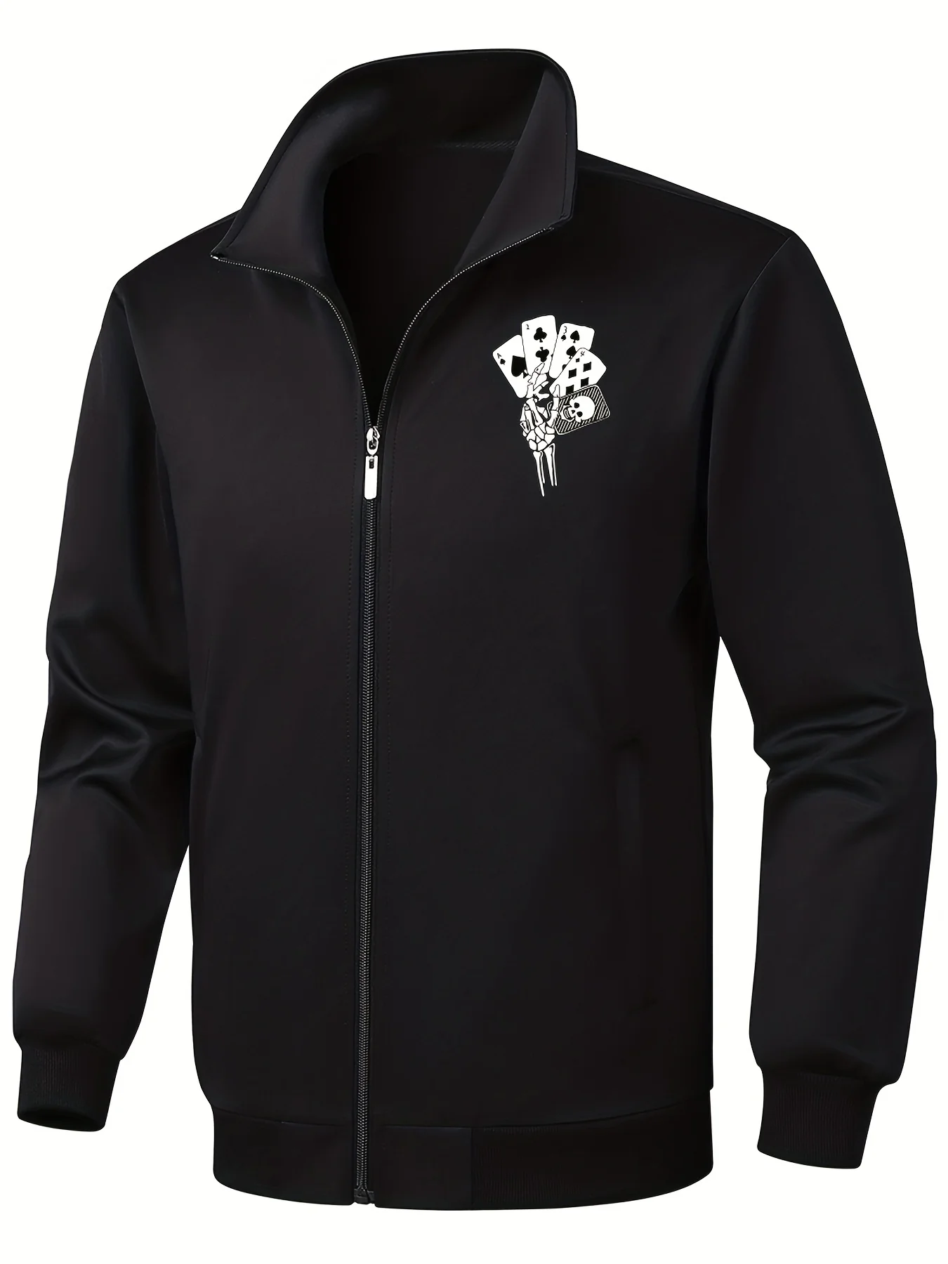 Skeleton Holding Card Pattern Windbreaker Jackets, Men's Casual Stretch Stand Collar Jacket Coat - Image 3